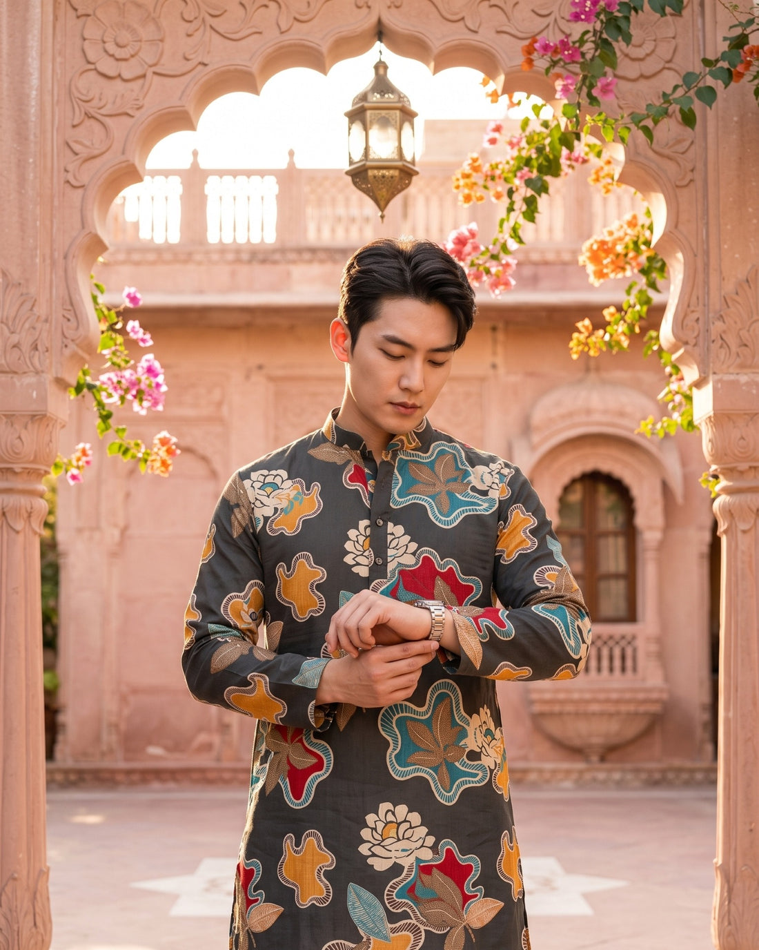 TryBuy TB_21154 men's charcoal abstract floral kurta, waist-up view showing the sleeve and front print details