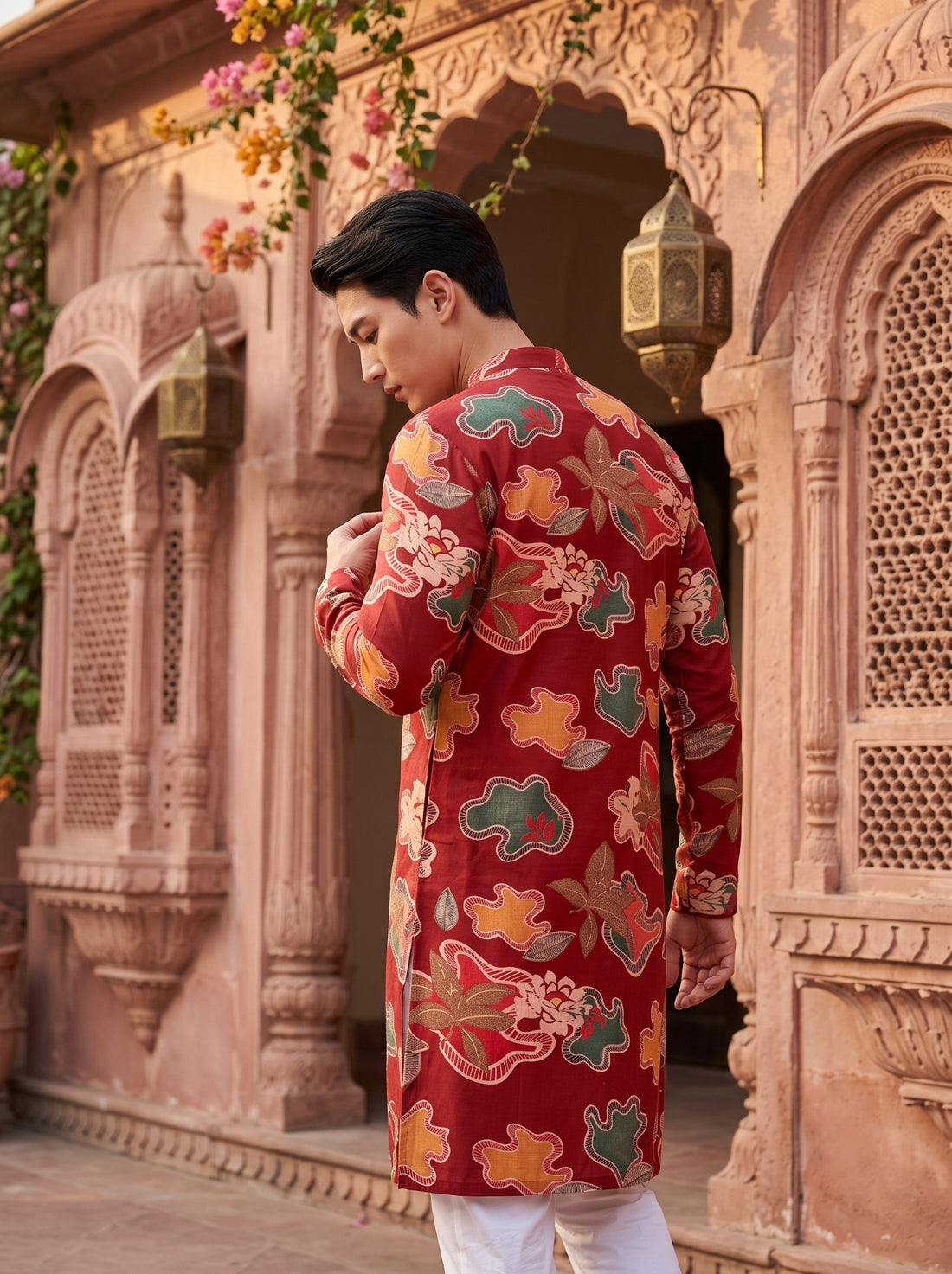 Back view of TB_21155 red viscose rayon kurta showing the all-over abstract floral print