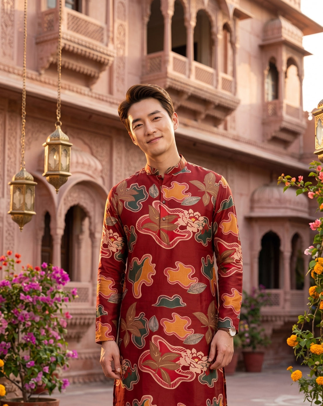 Front detail of TRYBUY.IN TB_21155 men's red floral printed kurta with long sleeves and a short button placket