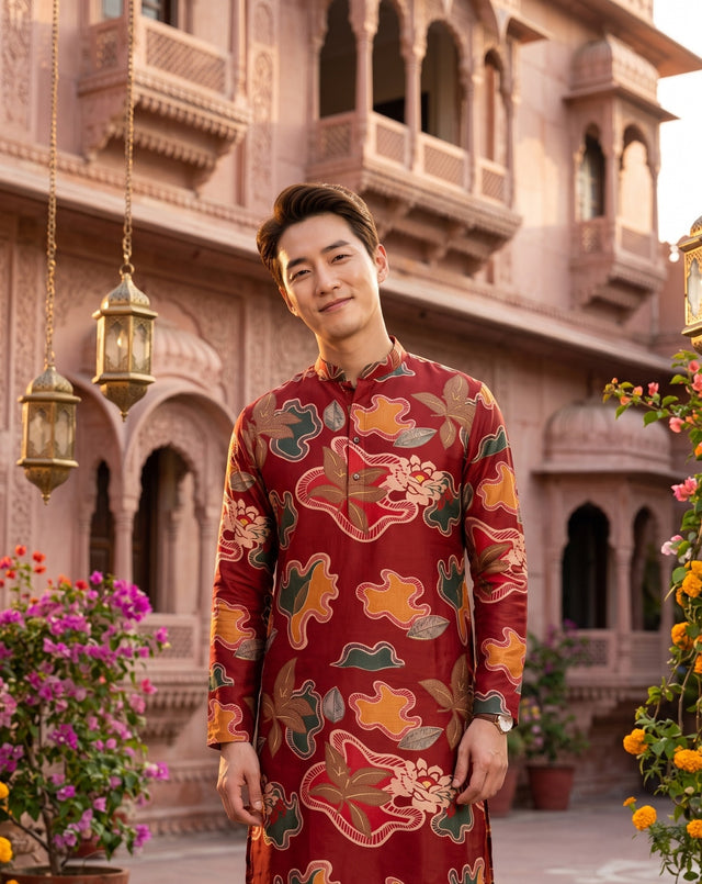 Front detail of TRYBUY.IN TB_21155 men's red floral printed kurta with long sleeves and a short button placket