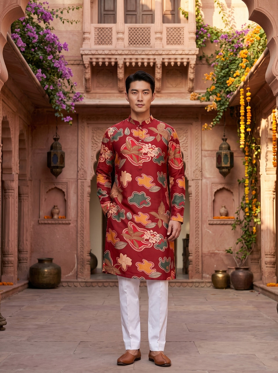 TRYBUY.IN TB_21155 men's red abstract floral printed kurta, full-length front view styled with white trousers