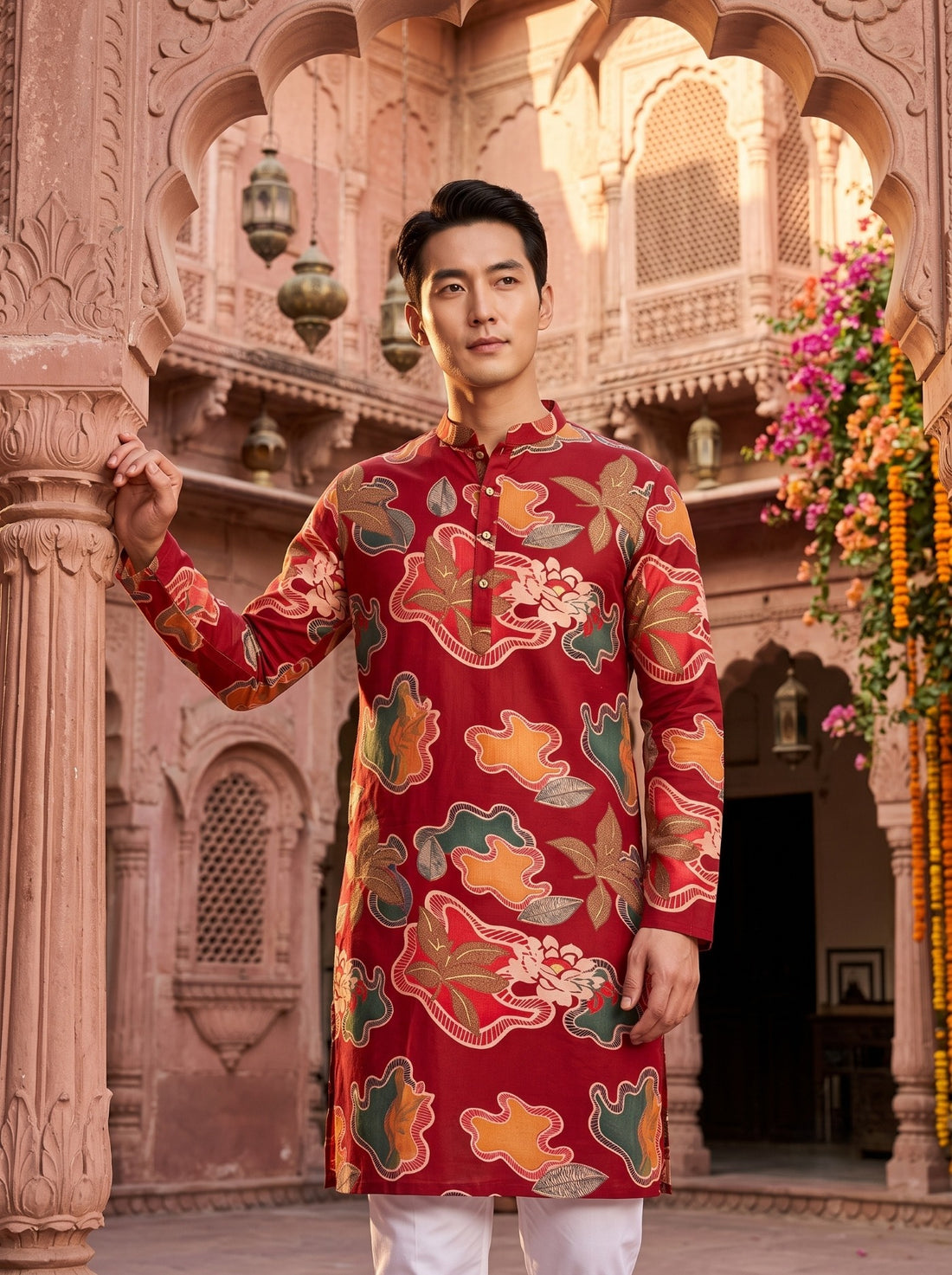 TRYBUY.IN TB_21155 red abstract botanical kurta in a standing lifestyle pose