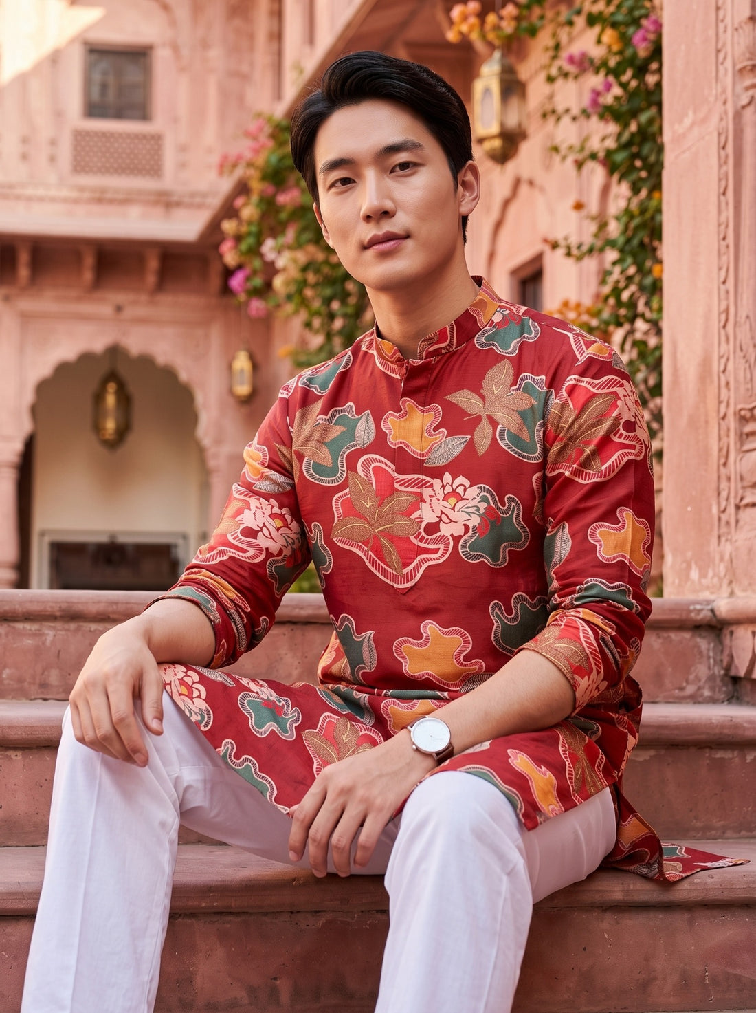 Seated view of TB_21155 red floral viscose rayon kurta showing its natural drape
