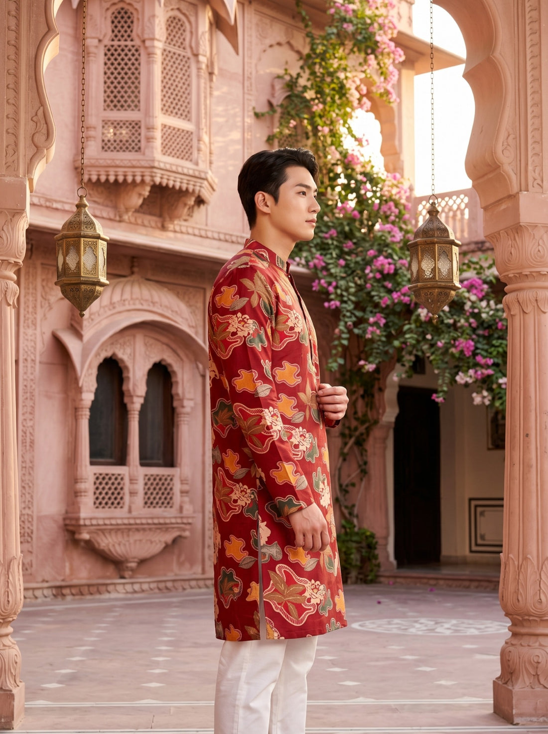 Side view of TB_21155 men's red printed kurta showing long sleeves, straight hem and side slit