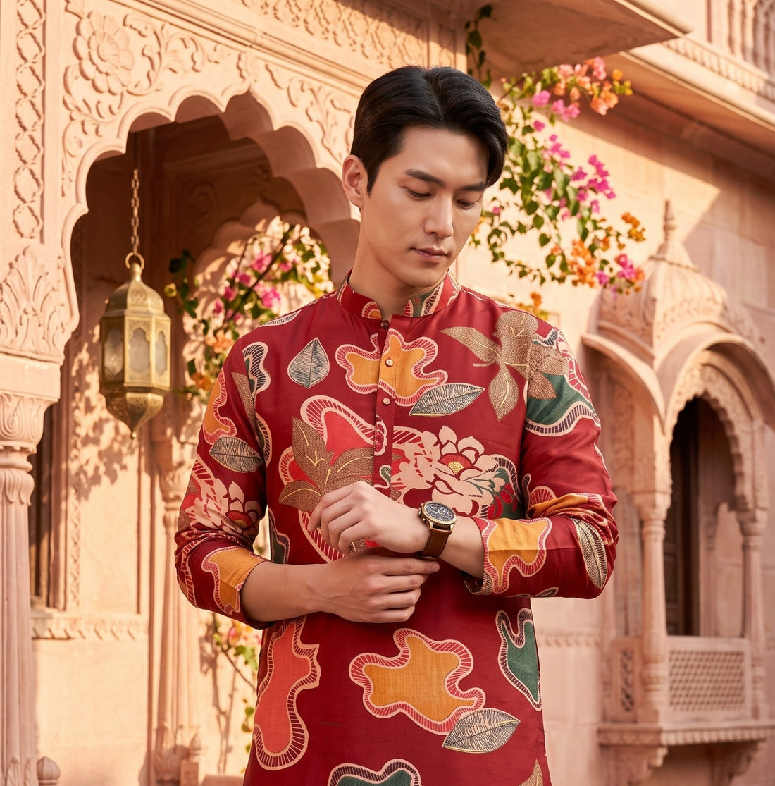 TB_21155 red abstract floral kurta sleeve and front print detail