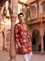 Men's Red Abstract Floral Printed Viscose Rayon Kurta 6
