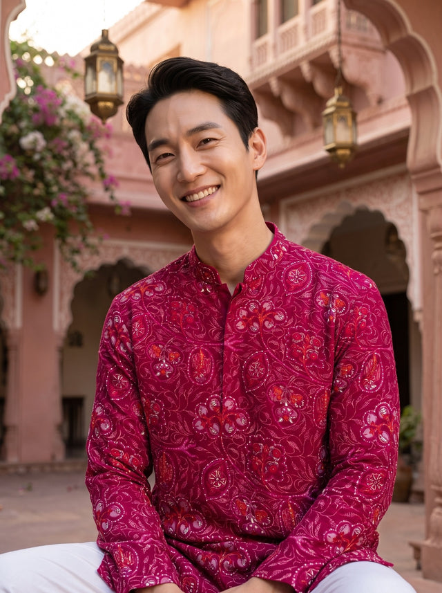 Close-up of the mandarin collar and magenta paisley floral print on TryBuy TB_21156 men's kurta