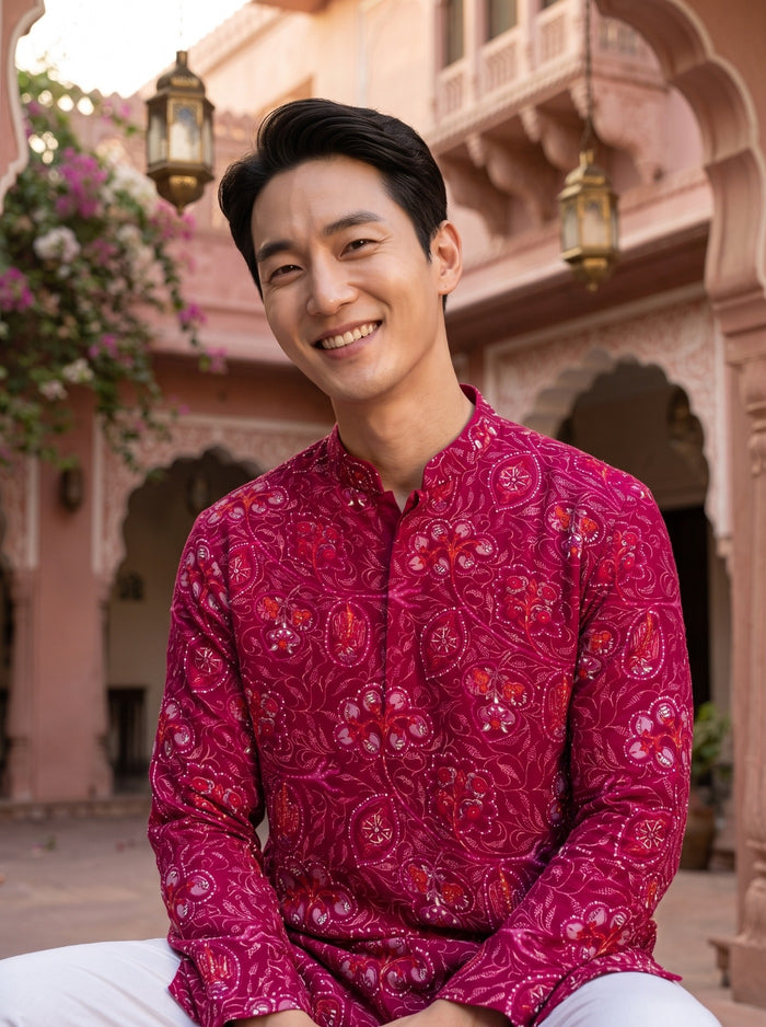 Men's Magenta Paisley Printed Viscose Rayon Kurta 2