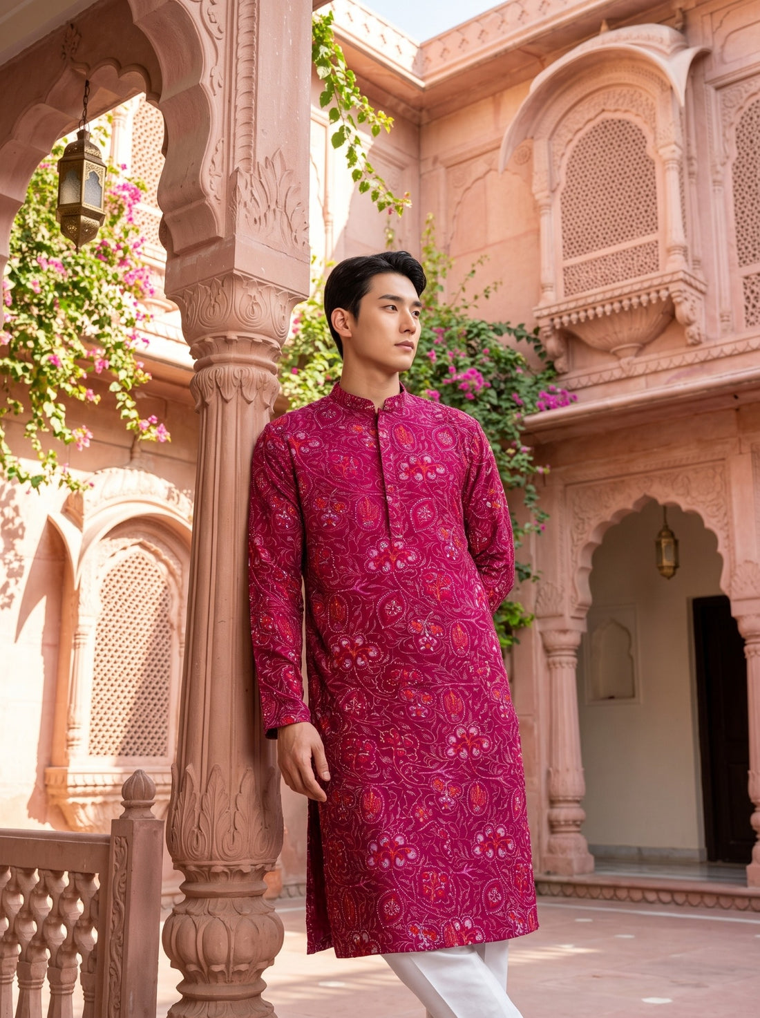 TryBuy TB_21156 men's magenta printed festive kurta styled beside a courtyard pillar