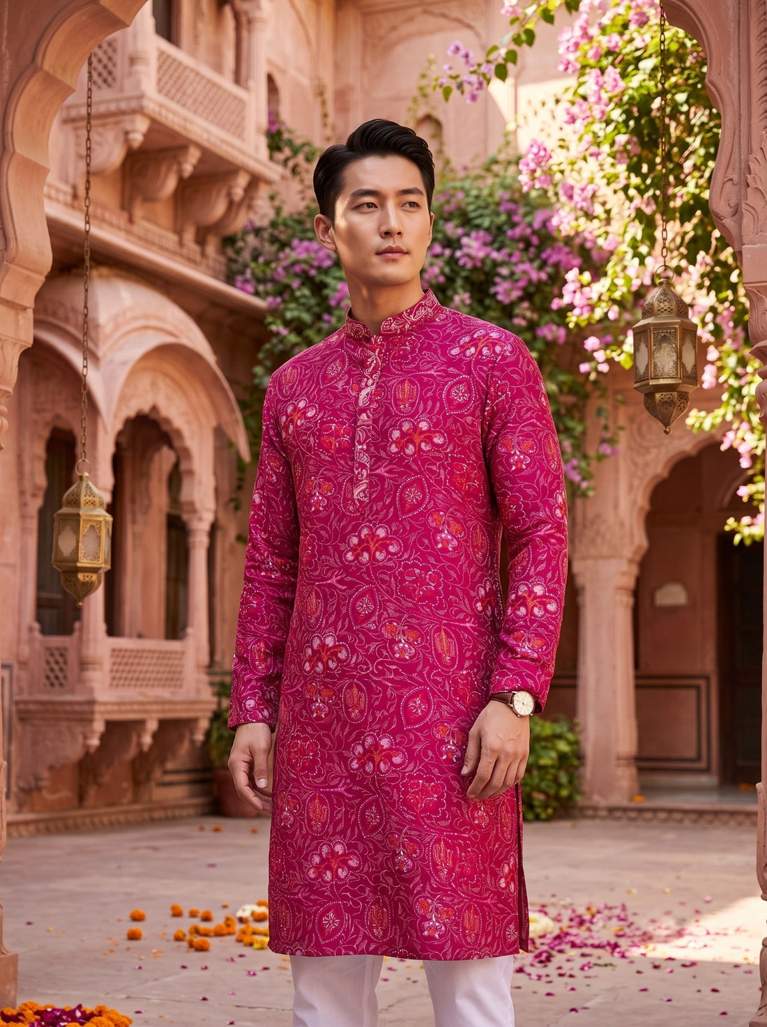 Front fit view of TryBuy TB_21156 magenta paisley floral kurta with mandarin collar