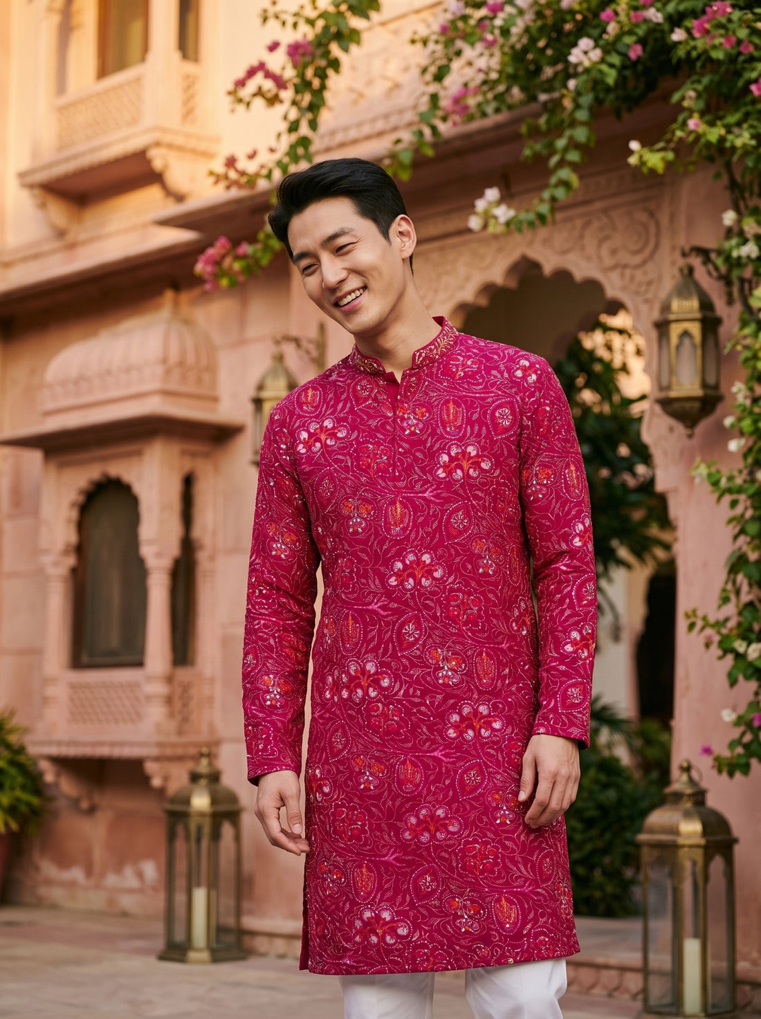 Relaxed front view of TryBuy TB_21156 magenta paisley kurta showing the straight silhouette