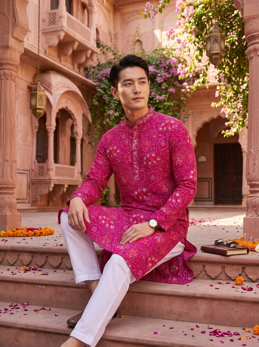 Seated lifestyle view of TryBuy TB_21156 magenta printed kurta styled with white trousers