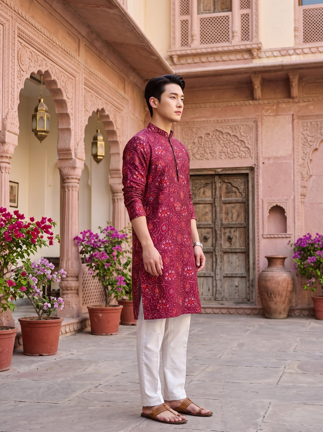 Side profile of TryBuy TB_21156 men's magenta kurta with white trousers in a haveli courtyard