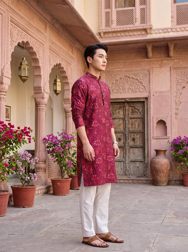 Side profile of TryBuy TB_21156 men's magenta kurta with white trousers in a haveli courtyard