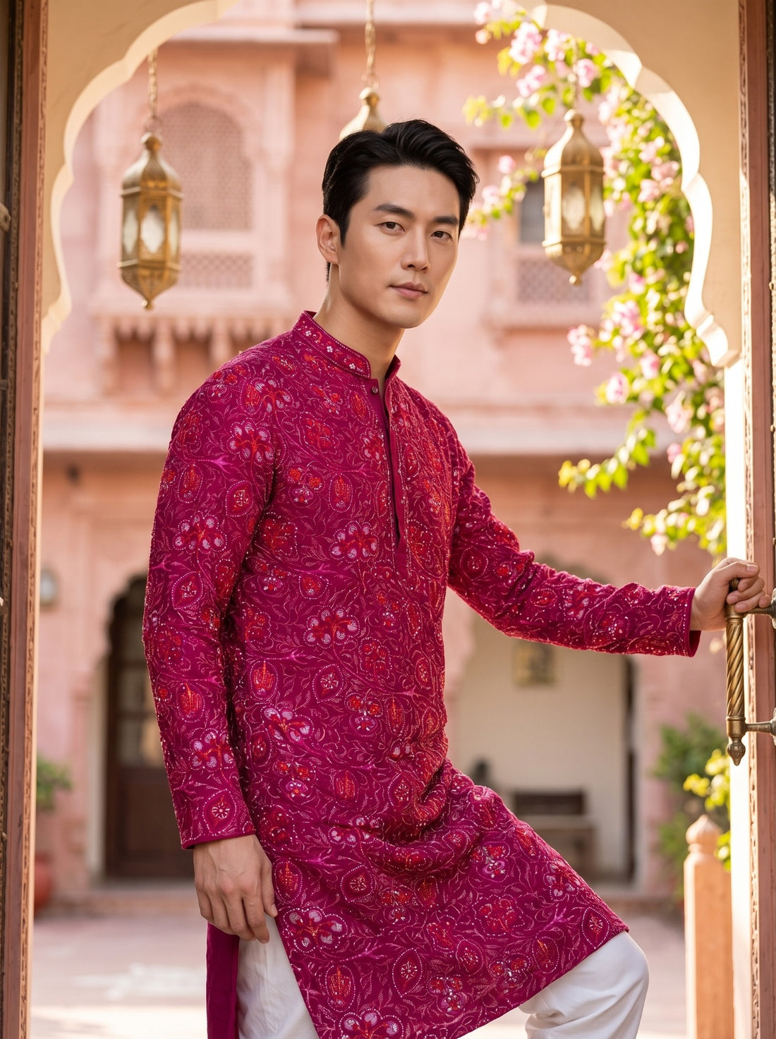 Three-quarter view of TryBuy TB_21156 magenta kurta showing the long sleeves and side slit