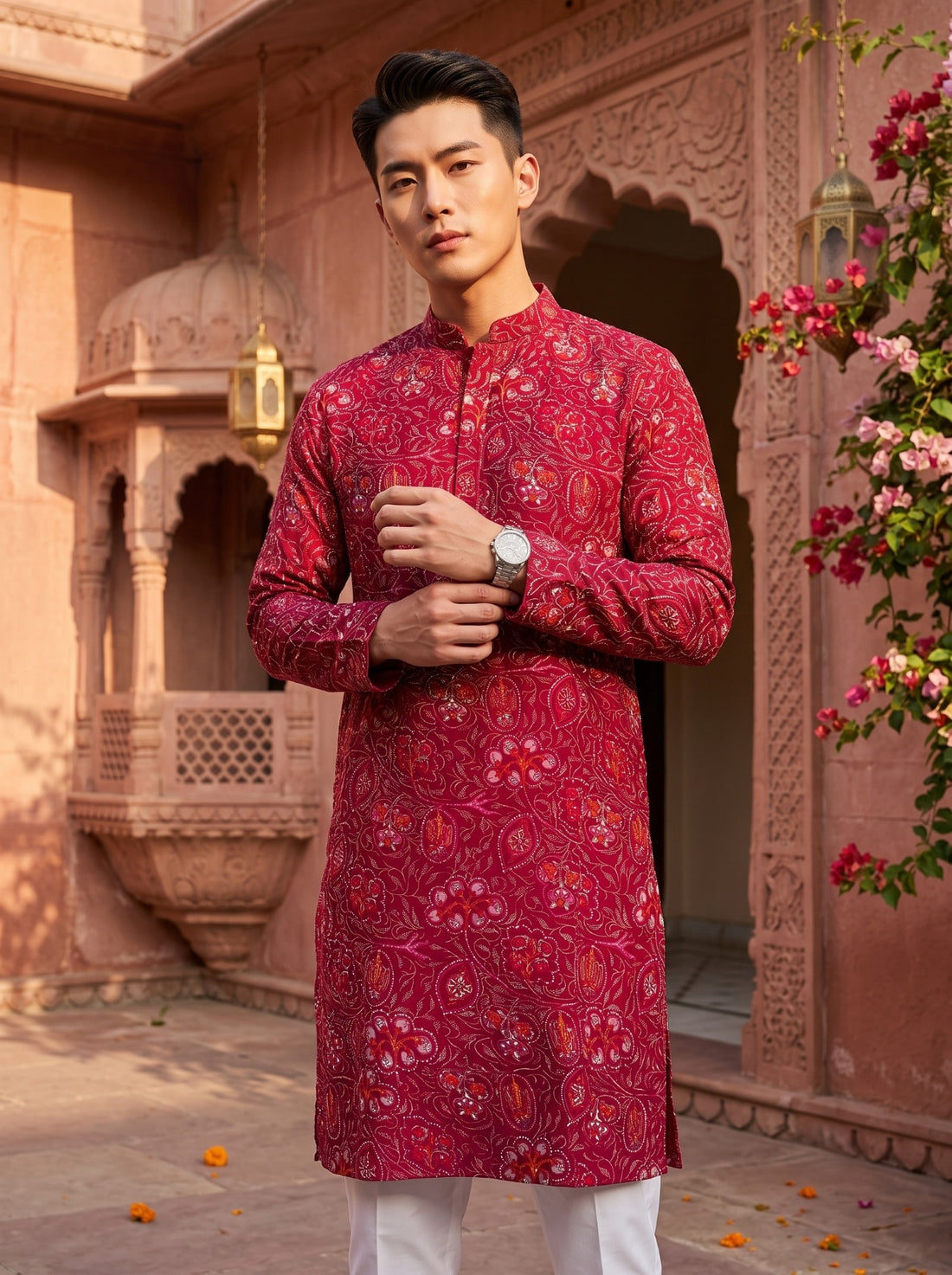 Front detail view of TryBuy TB_21156 men's magenta kurta showing long sleeves and short placket