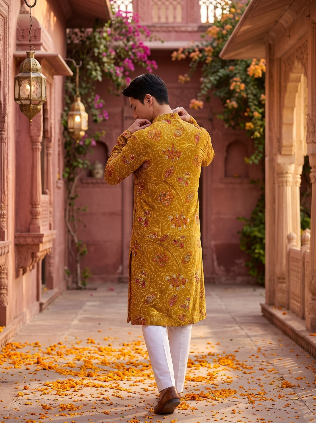 TryBuy TB_21157 men's mustard paisley printed kurta, back view showing all-over mustard paisley print and straight silhouette