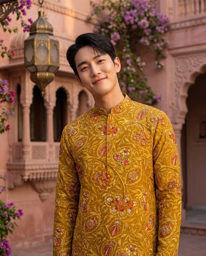 Men's Mustard Paisley Printed Viscose Rayon Kurta 2