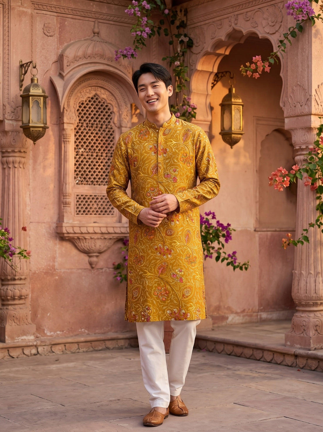 TryBuy TB_21157 men's mustard paisley printed kurta, full-length front view styled with white trousers