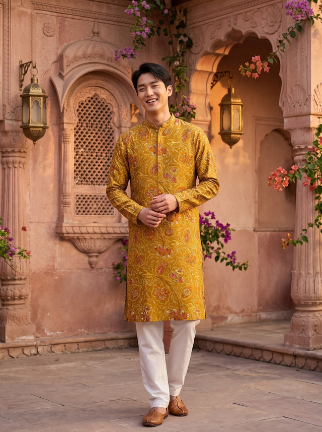 TryBuy TB_21157 men's mustard paisley printed kurta, full-length front view styled with white trousers