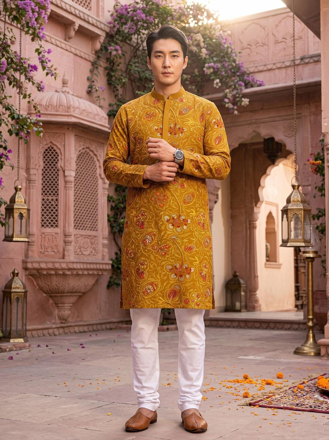TryBuy TB_21157 men's mustard paisley printed kurta, full-body front view showing straight hem and white-trouser styling