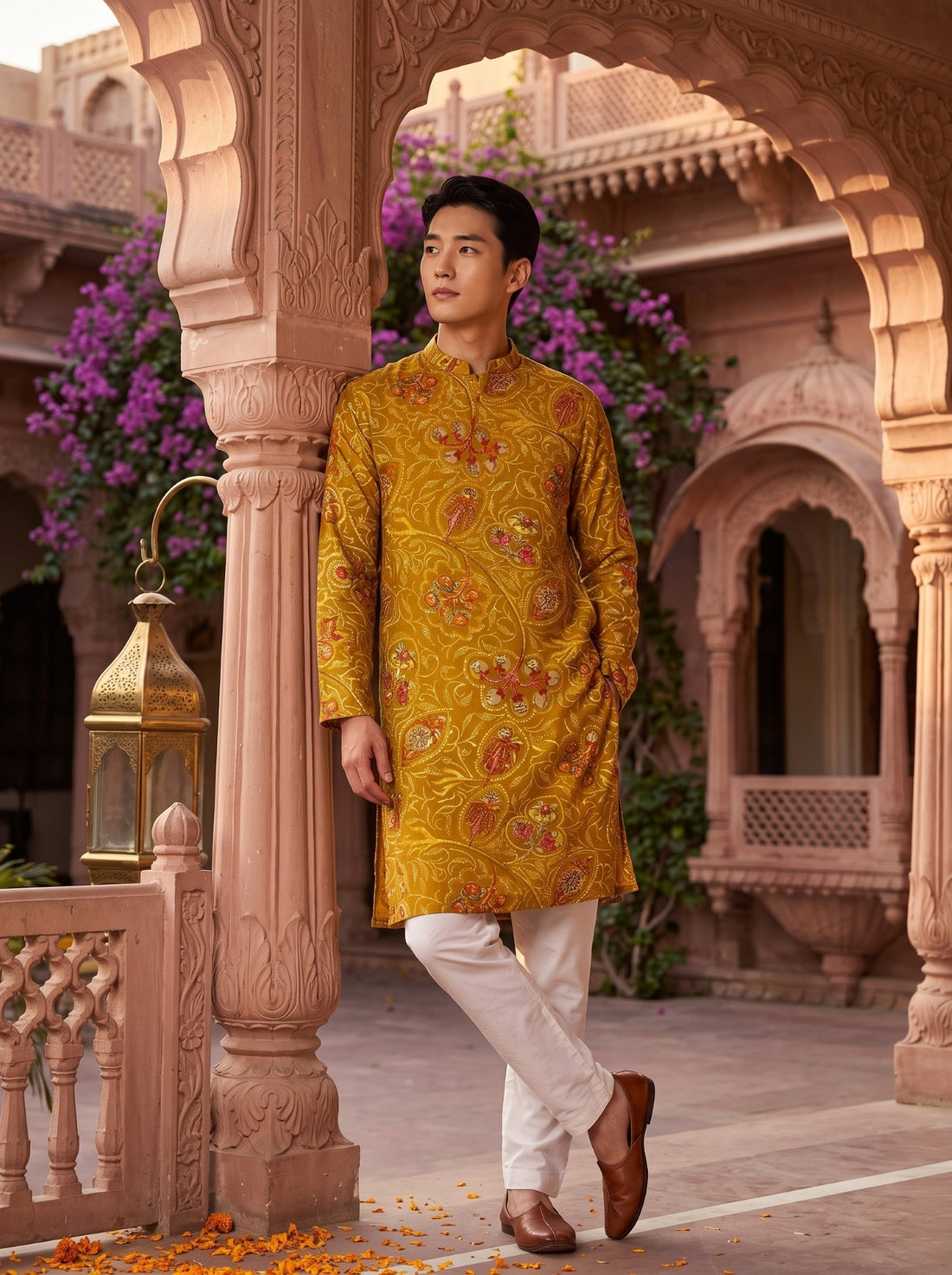 TryBuy TB_21157 men's mustard paisley printed kurta, full-length lifestyle view styled with white trousers