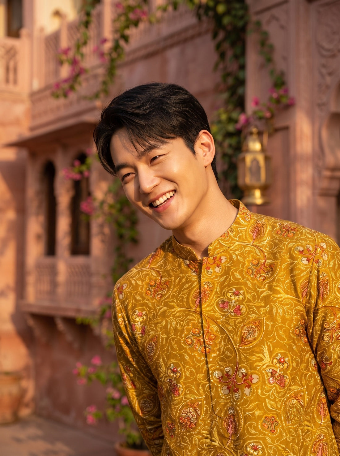 TryBuy TB_21157 men's mustard paisley printed kurta, smiling portrait showing mandarin collar and paisley print