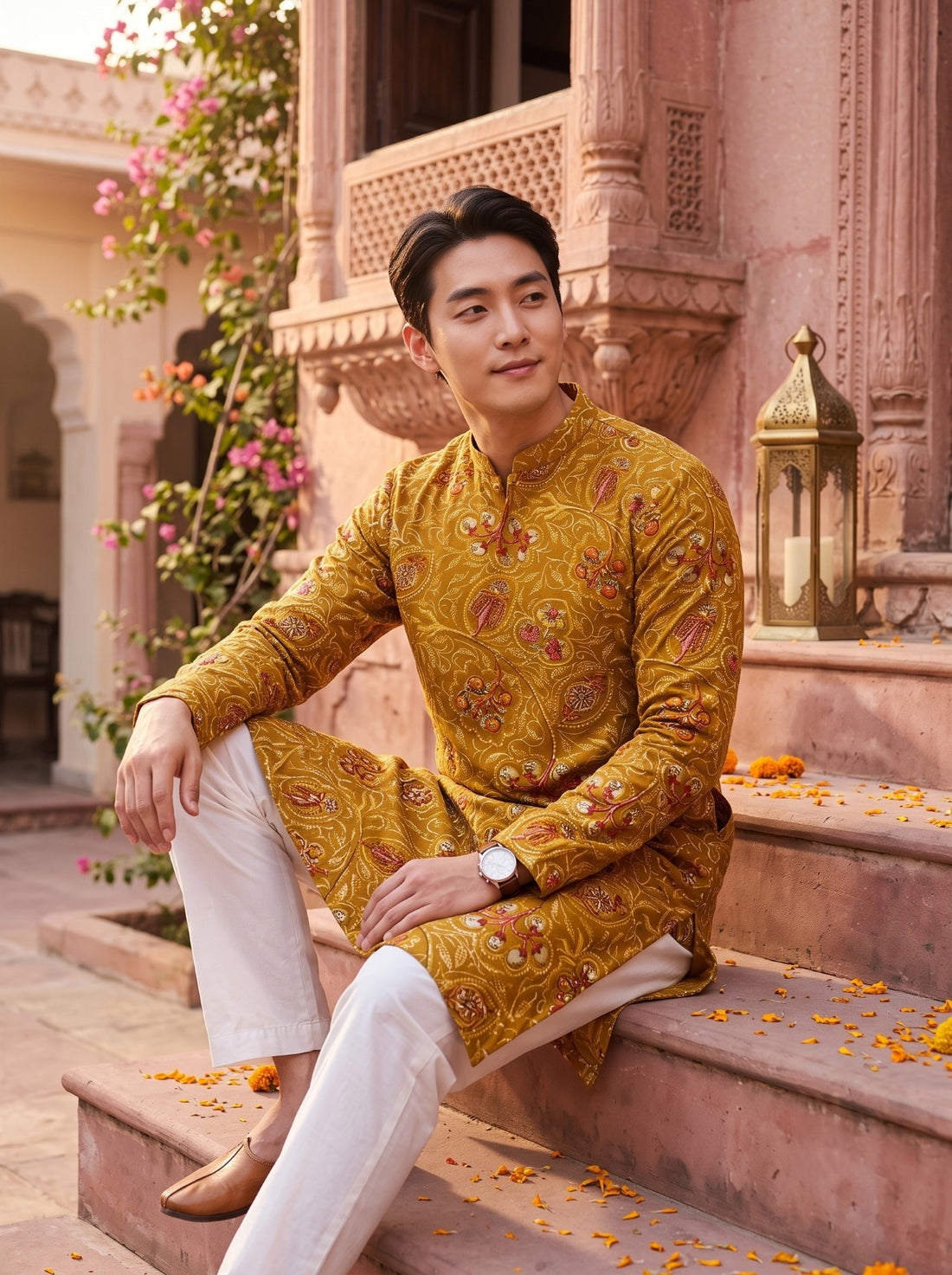TryBuy TB_21157 men's mustard paisley printed kurta, seated styling view showing natural drape and paisley floral print