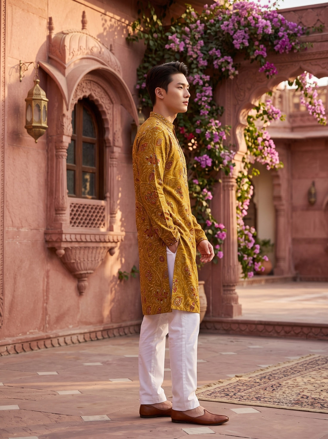 TryBuy TB_21157 men's mustard paisley printed kurta, side profile showing knee-length cut and side slit