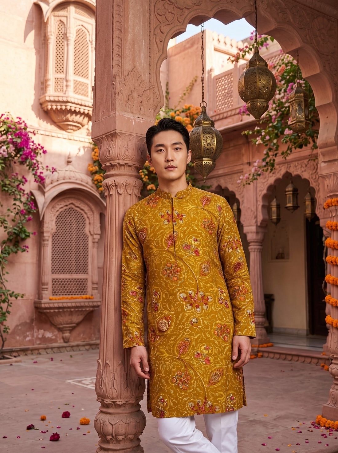 TryBuy TB_21157 men's mustard paisley printed kurta, standing front view in a haveli courtyard