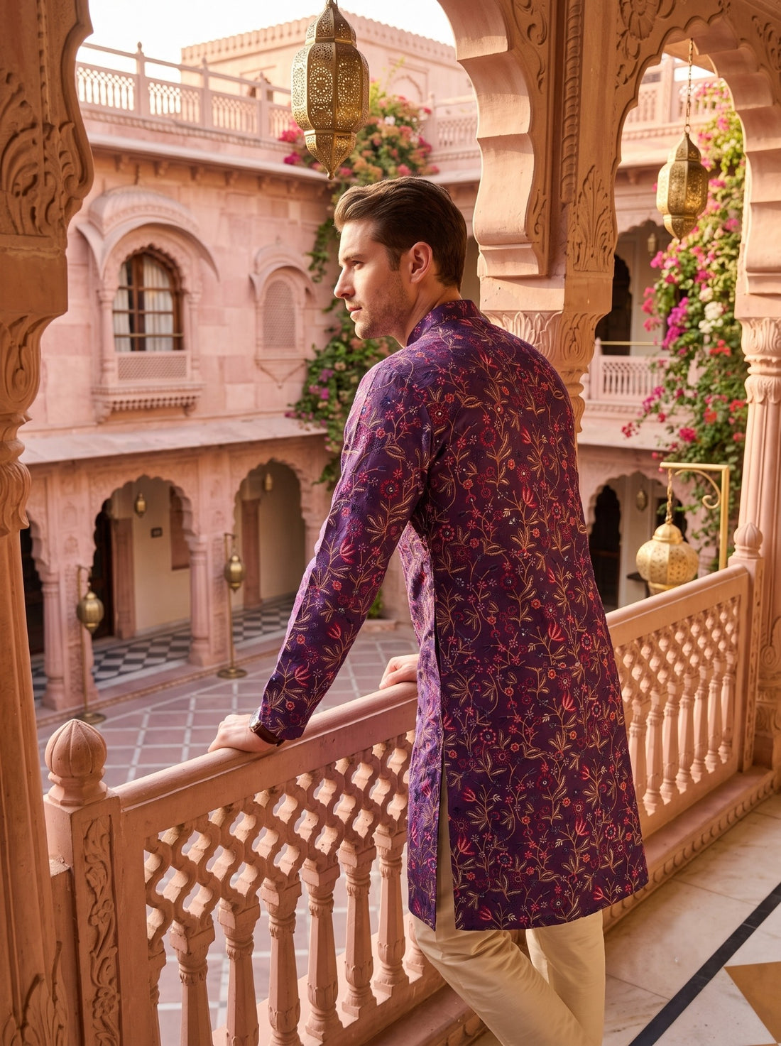 Back and shoulder view of TryBuy TB_21159 purple kurta with all-over botanical embroidery
