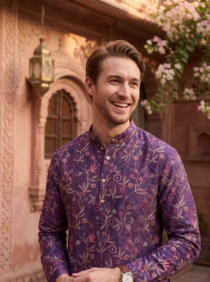 Men's Purple All-Over Floral Embroidered Cotton Blend Kurta 2