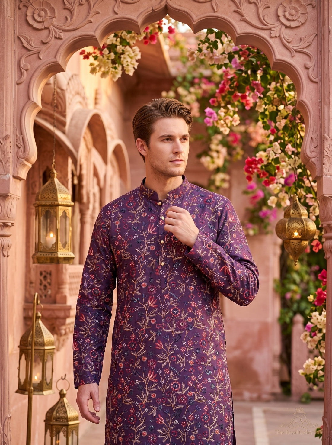 Front portrait of TB_21159 purple kurta showing pink, navy and beige-gold floral embroidery