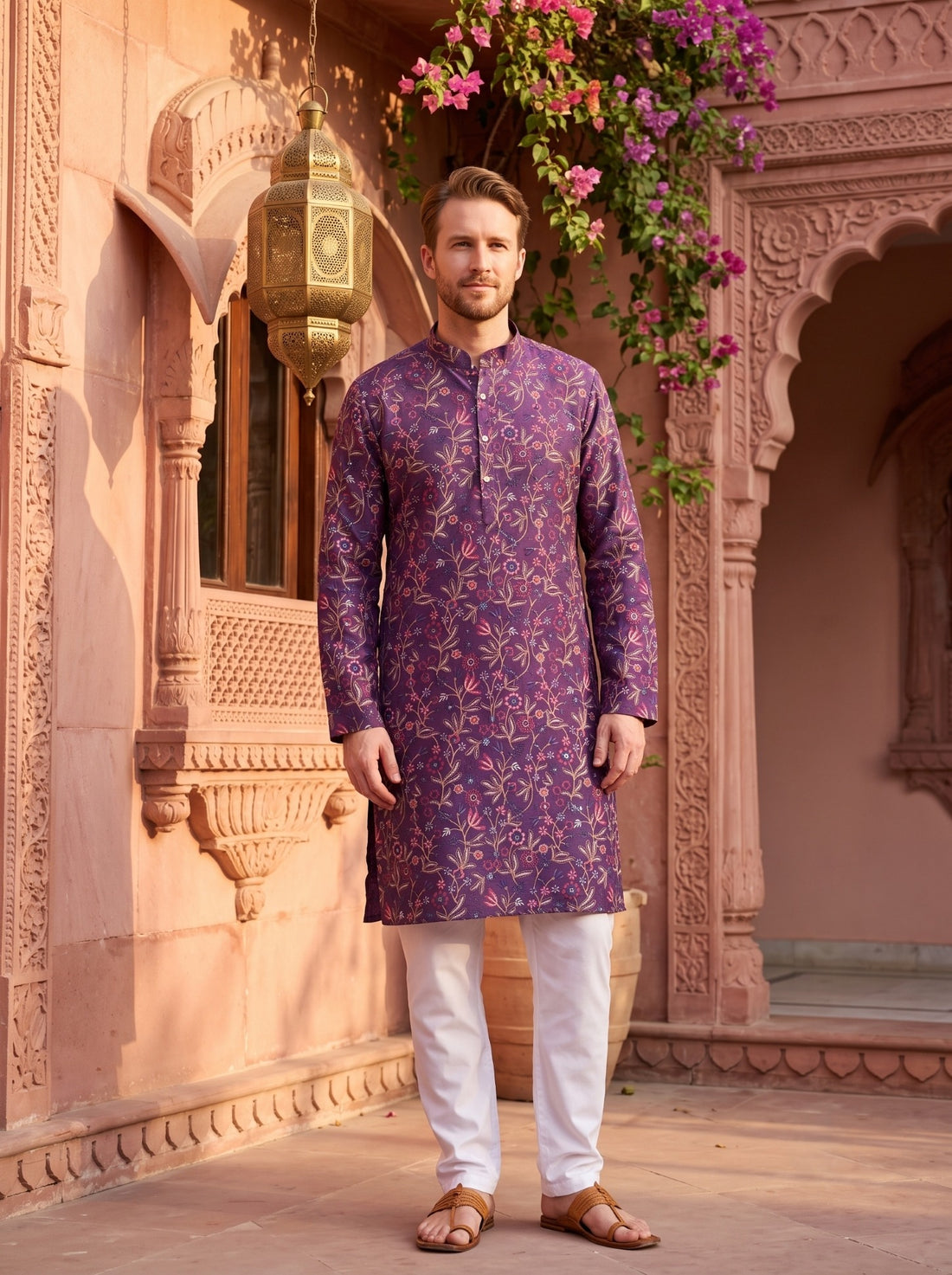 Full-length front view of TryBuy TB_21159 men's purple kurta with all-over floral-vine embroidery