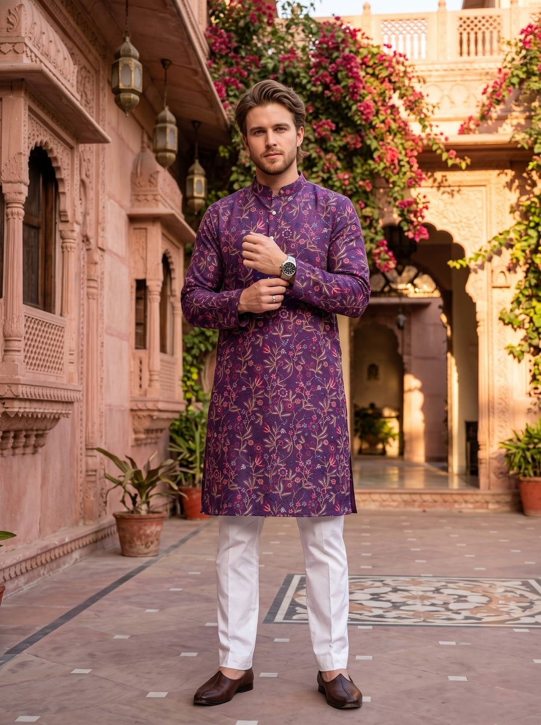 Full-length styling view of TryBuy TB_21159 purple floral embroidered kurta with white trousers