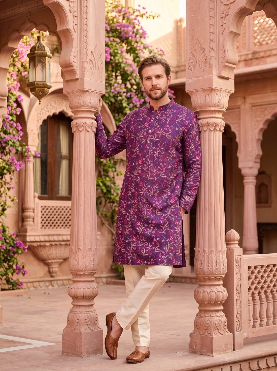 Three-quarter front view of TryBuy TB_21159 plum-purple embroidered kurta styled with ivory trousers