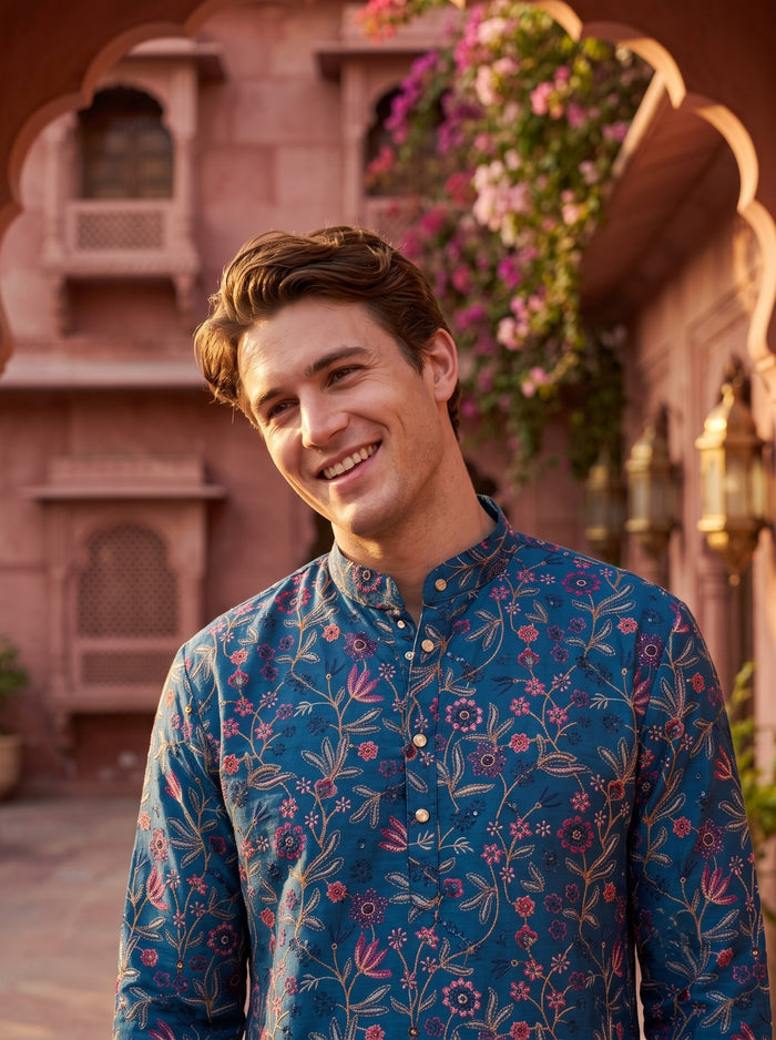 Men’s Teal Blue All-Over Floral Embroidered Cotton Blend Kurta 2