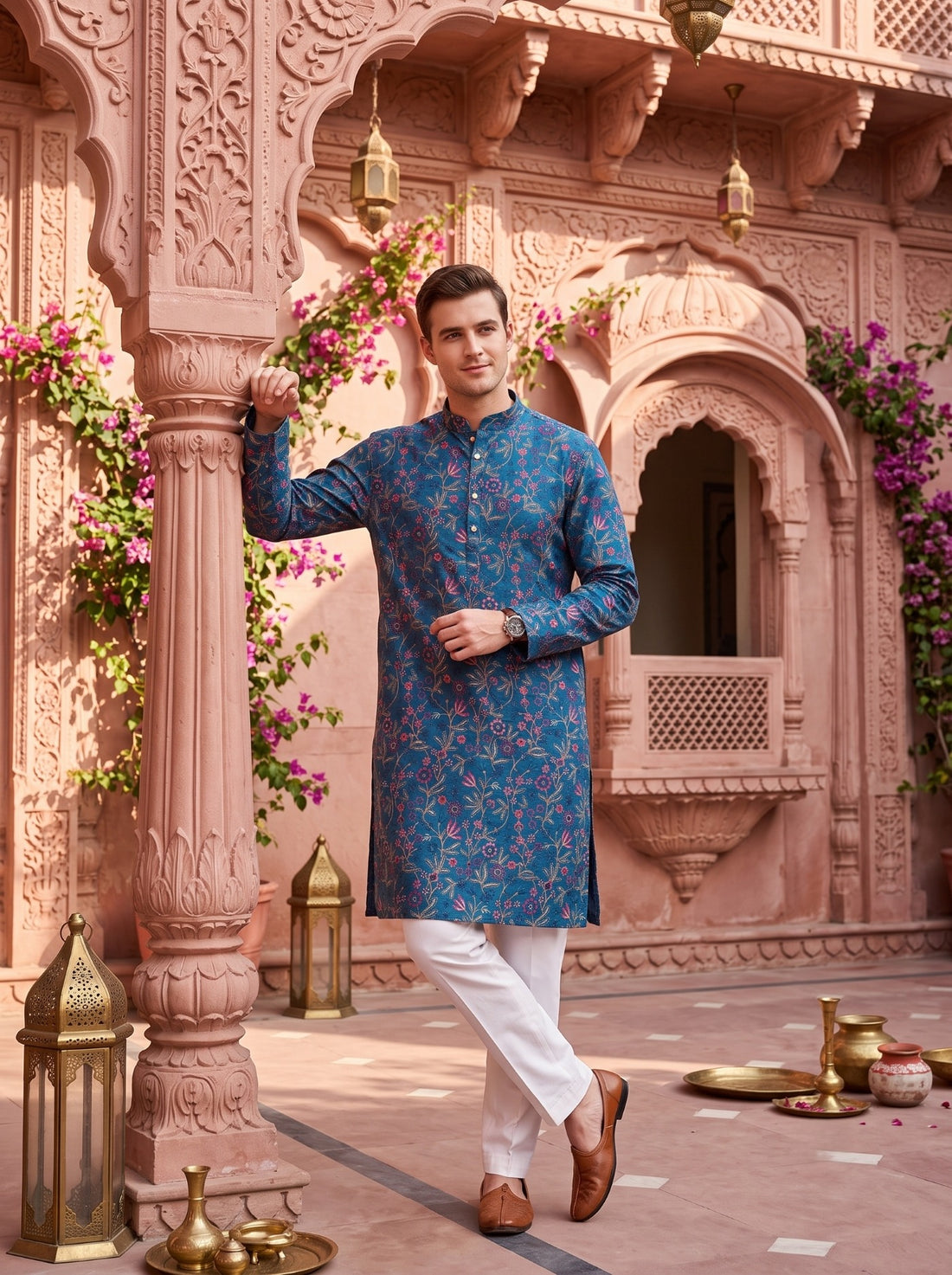 TryBuy TB_21160 embroidered blue men’s kurta styled with white trousers in a haveli courtyard.