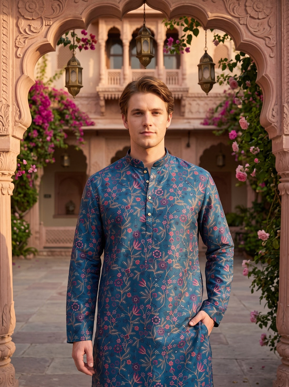 Front fit detail of TB_21160 teal blue kurta with long sleeves, mandarin collar and multicolour embroidered flowers.