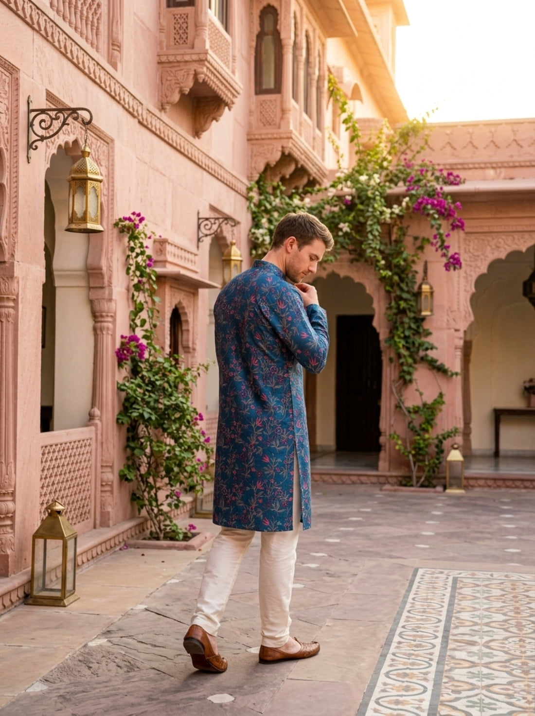 Full-length back view of TB_21160 showing floral embroidery across the back and long sleeves.