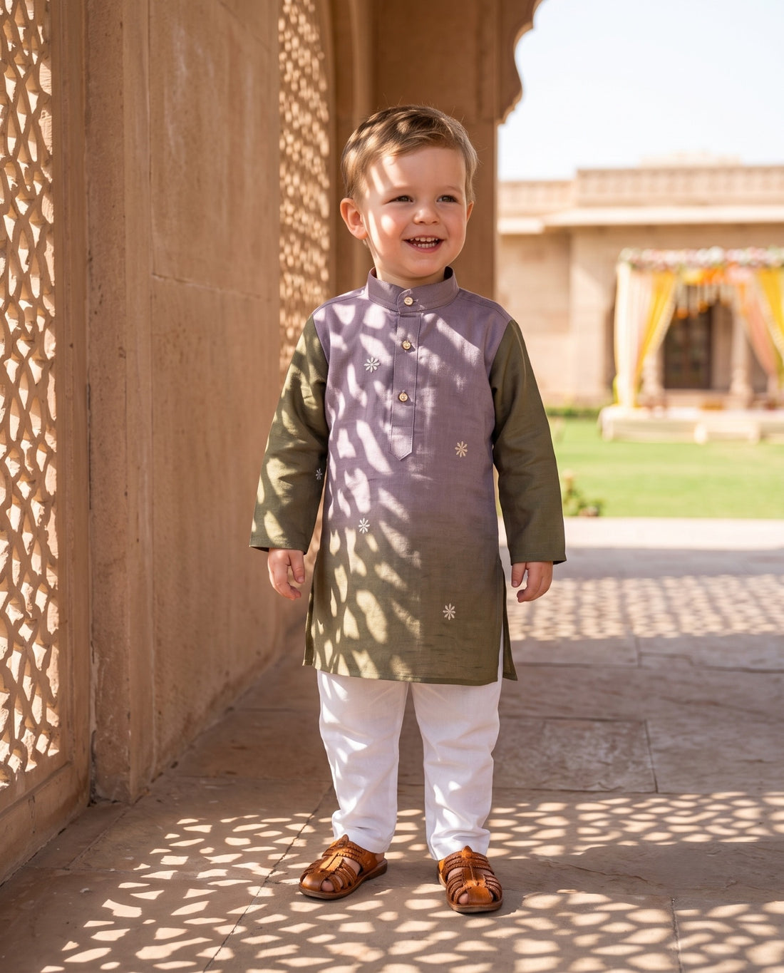 TryBuy lavender and olive Lachka embroidered kids kurta, 2–3 years, courtyard front view