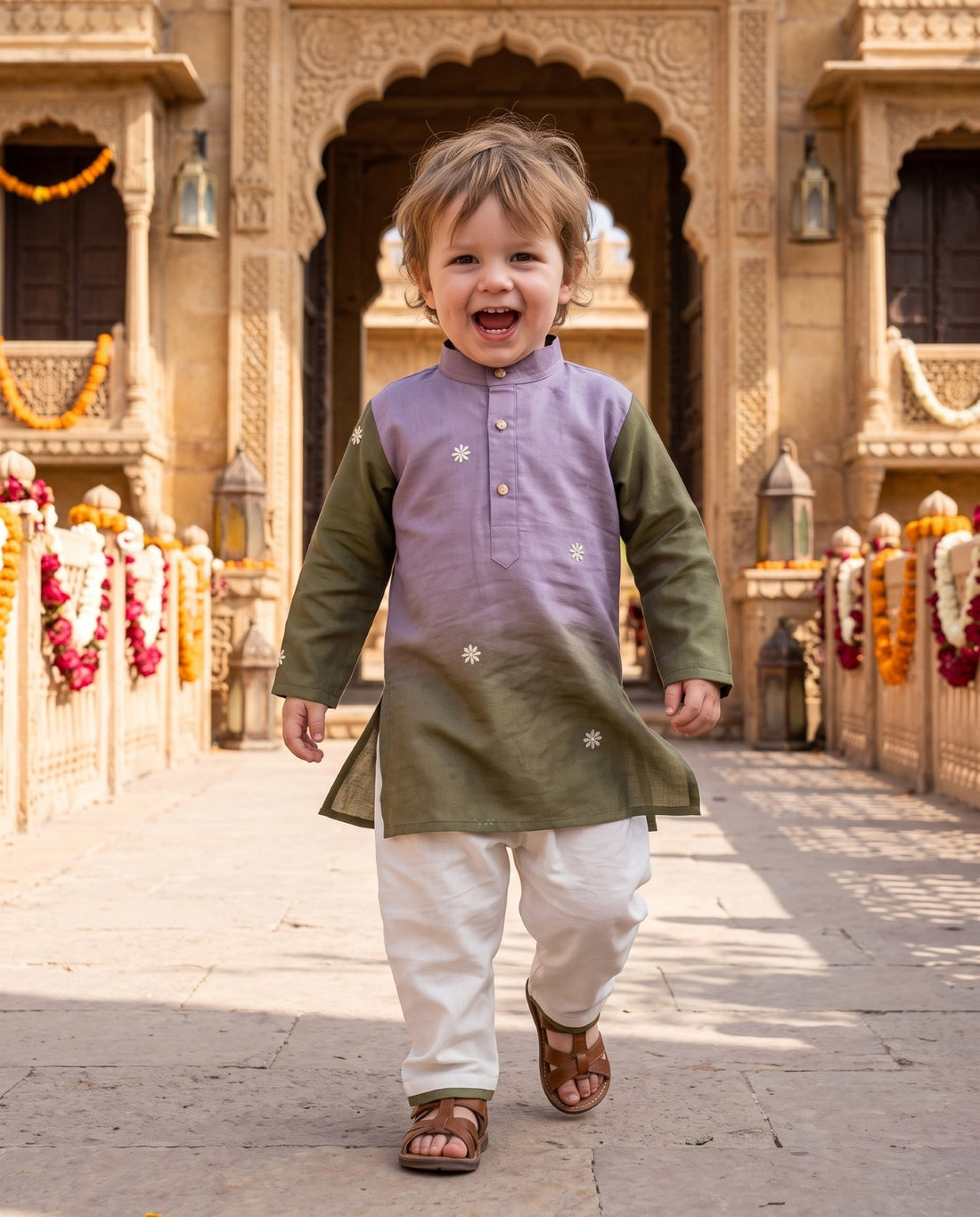 TryBuy lavender and olive Lachka embroidered kids kurta, 2–3 years, courtyard walking view