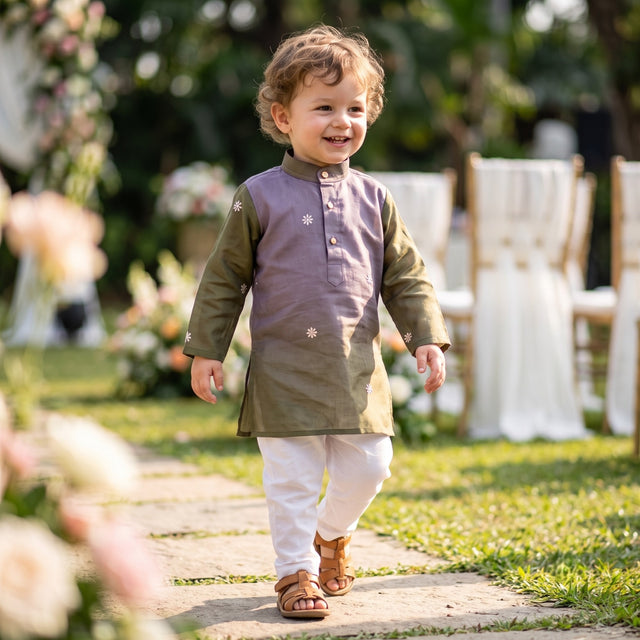TryBuy lavender and olive Lachka embroidered kids kurta, 2–3 years, walking front view