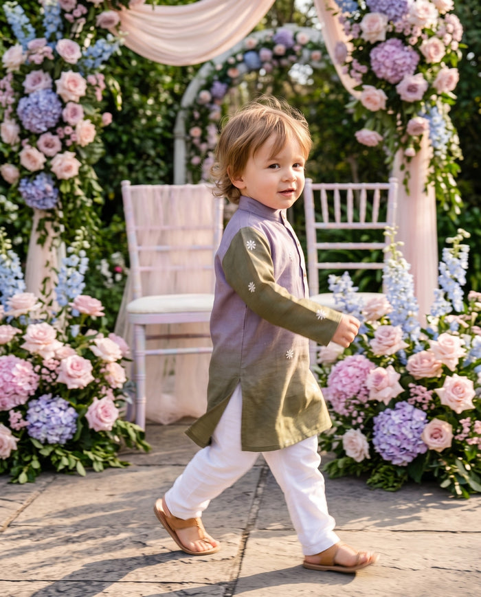 Boys Lavender & Olive Embroidered Lachka Kurta – 2–3 Years 2