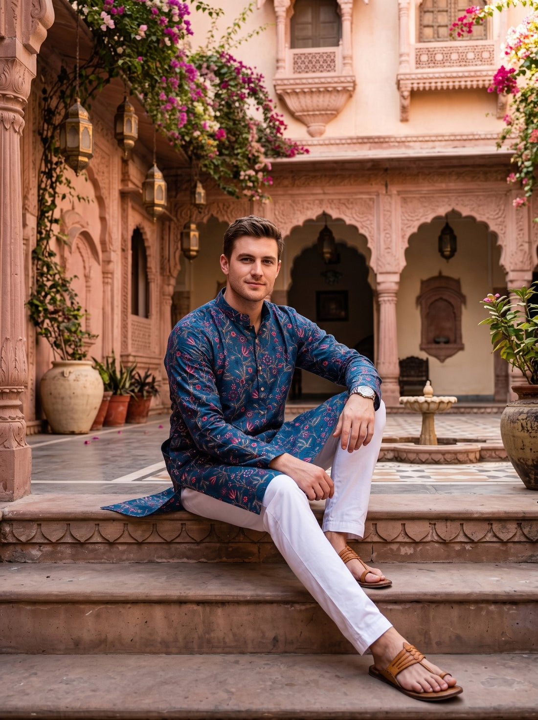 Seated styling view of TB_21160 embroidered kurta showing its long straight silhouette and side slit.