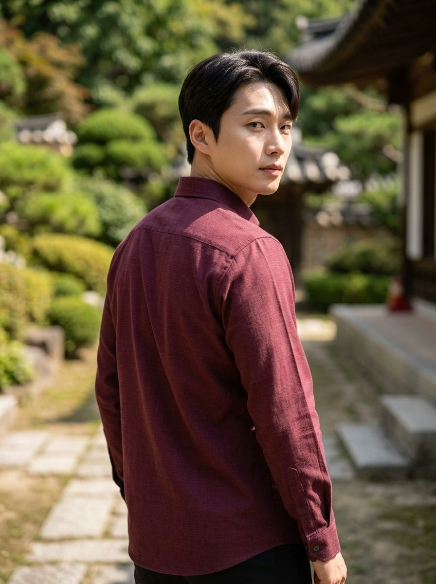 Back view of TRYBUY.IN TB_21190 men's burgundy cotton-linen shirt, showing the shoulder yoke, full-length sleeves and curved hem.