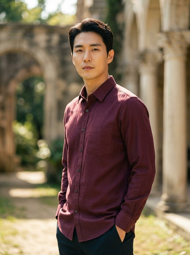 TRYBUY.IN TB_21190 men's burgundy cotton-linen shirt, front three-quarter view showing the spread collar, full sleeves and single chest pocket.