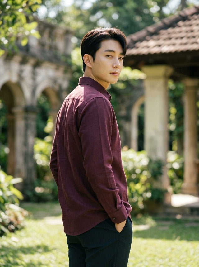 TRYBUY.IN TB_21190 burgundy cotton-linen men's shirt, side and rear three-quarter view with long sleeves and a curved hem.