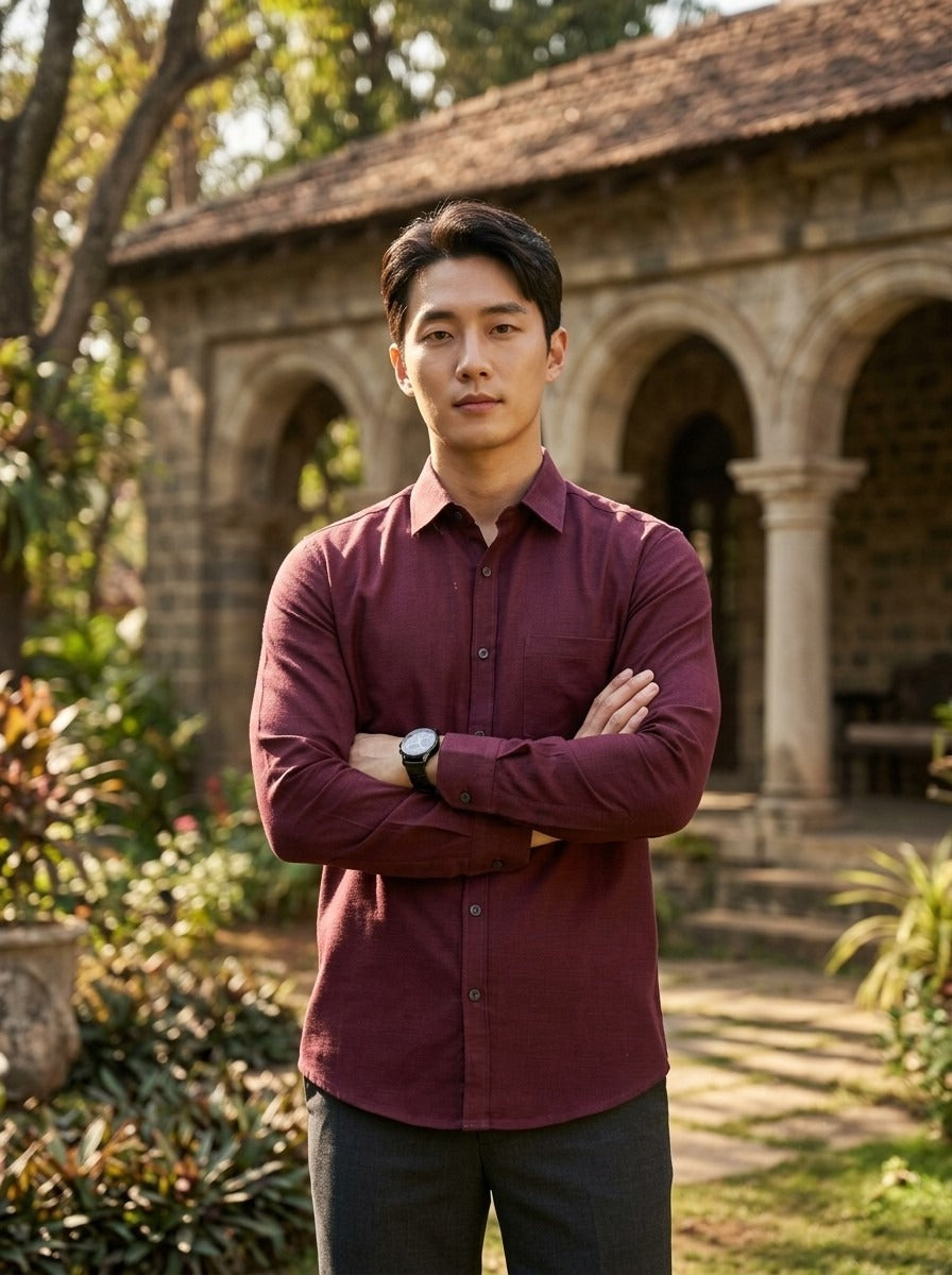 TRYBUY.IN TB_21190 men's burgundy cotton-linen shirt, standing front view styled with dark trousers in a garden courtyard.