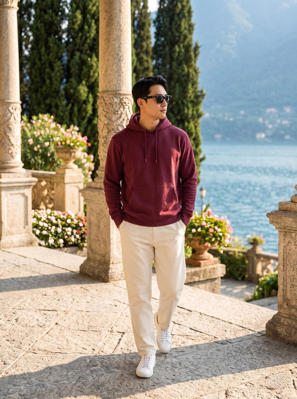 
Men's maroon cotton pullover hoodie, full-length front lifestyle view

